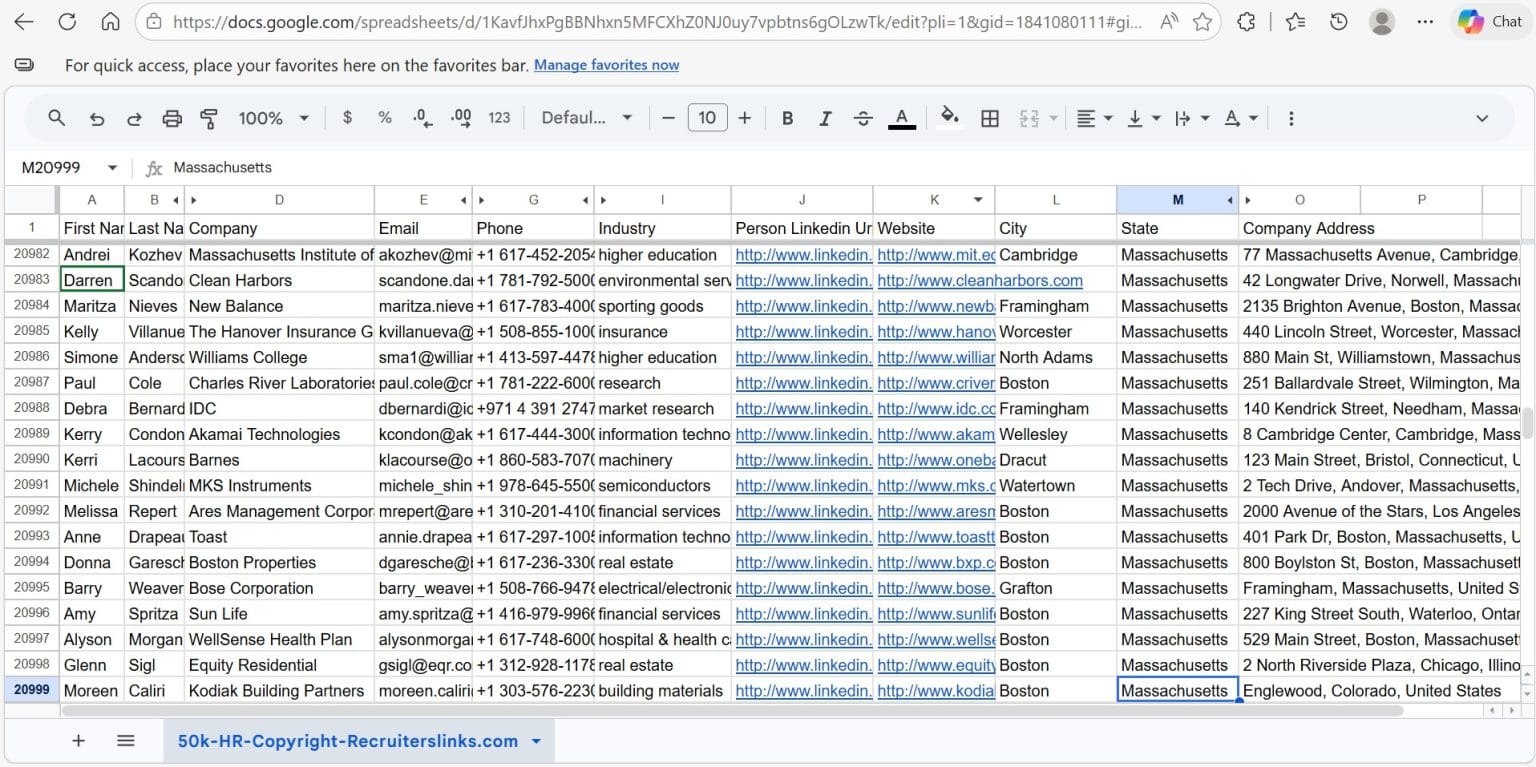 Database preview showing 50,000 recruiter records